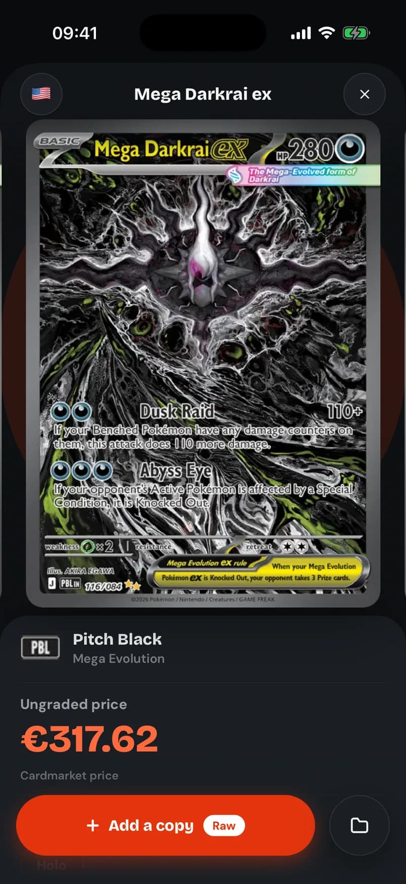 A card page in Mintdex: artwork, Cardmarket price and add to collection