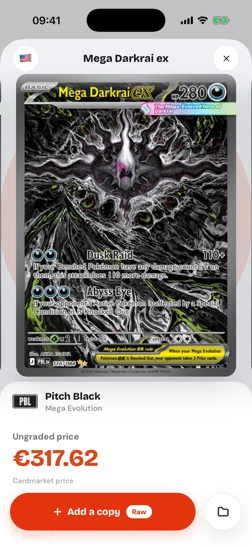 A card page in Mintdex: artwork, Cardmarket price and add to collection