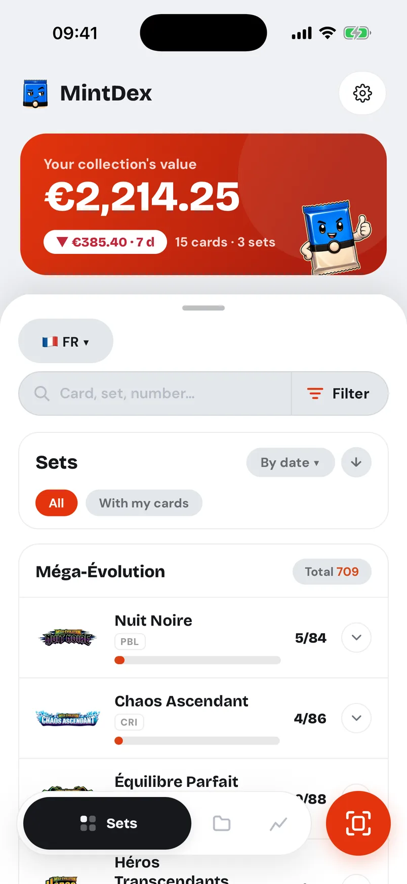 The Mintdex home screen: collection value and set progress