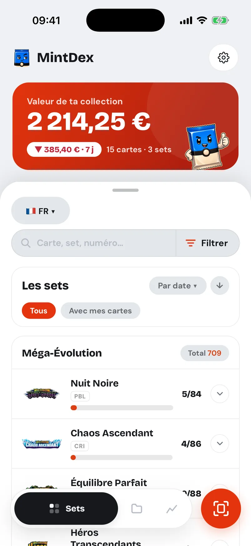 L’accueil de Mintdex : valeur de la collection et progression des sets